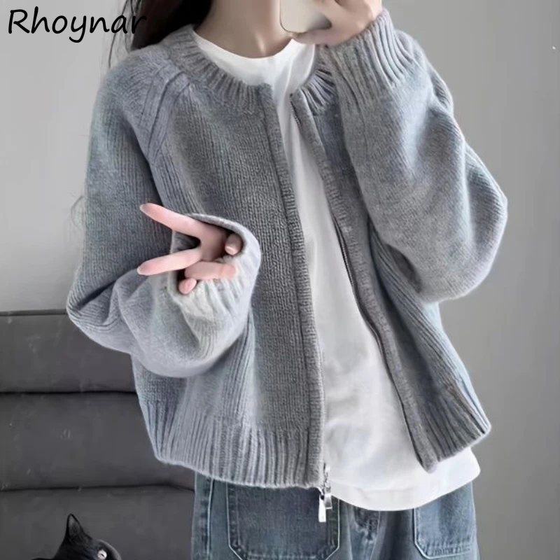 

Soft Cropped Gray Sweater Cardigans Women Sweet Tender College Autumn Zip-up Knitted Outwear Causal All-match Ulzzang Designed