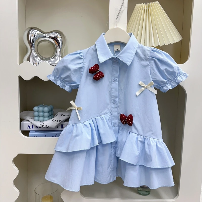 

Girls Shirt Dress 2025 Summer Korean Version Short Sleeve Dress New Little Girl Bow Princess Dress
