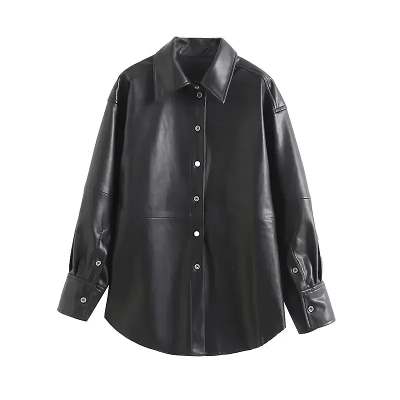 

Women's 2023 Fashion Casual Joker Loose Leather Long Blouses Retro Long Sleeve Button Blouses Jacket Chic Tops.