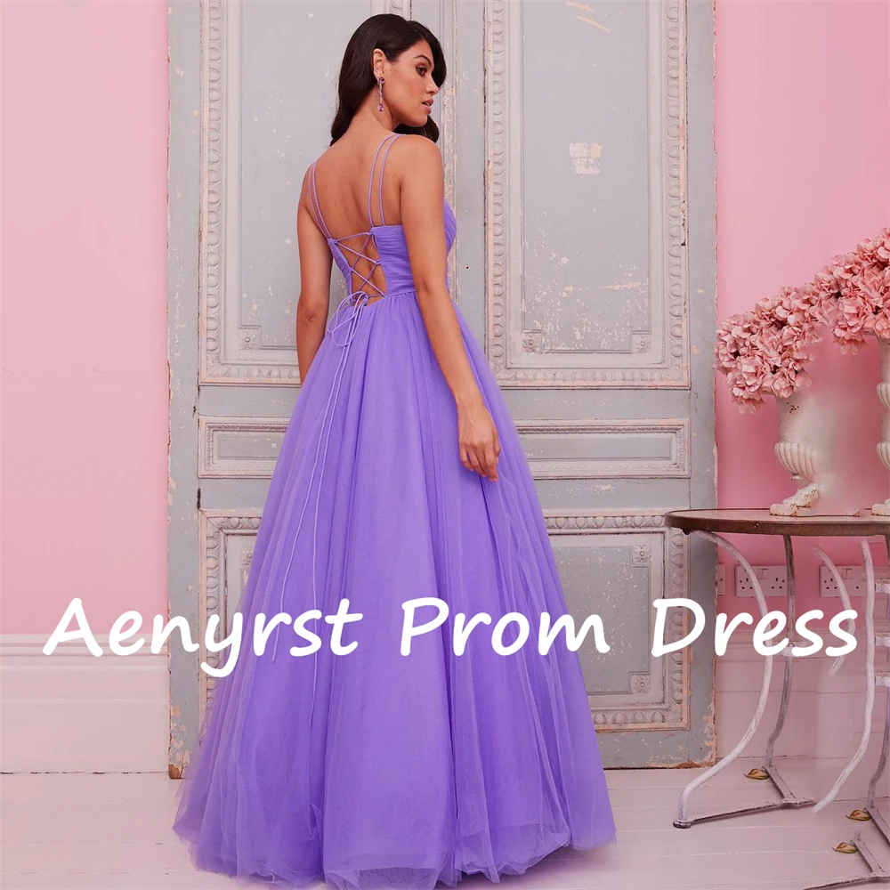 Aenyrst Purple Spaghetti Strap A Line Prom Dresses Tulle Sweetheart Back Lace Up Evening Gowns Floor Length Brithday Party Dress