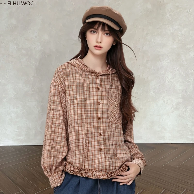 

Хлопковые топы, блузки, новая модная женская осенняя одежда в консервативном стиле с длинным рукавом, свободные повседневные ретро винтажные шикарные корейские красные рубашки в клетку