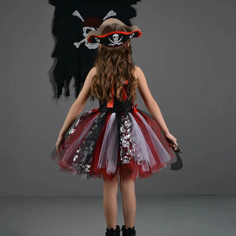 Disfraz de pirata de Halloween para niñas pequeñas, vestido tutú de pirata rojo y negro con sombrero, capa, disfraz temático de bucanero, ropa de fiesta