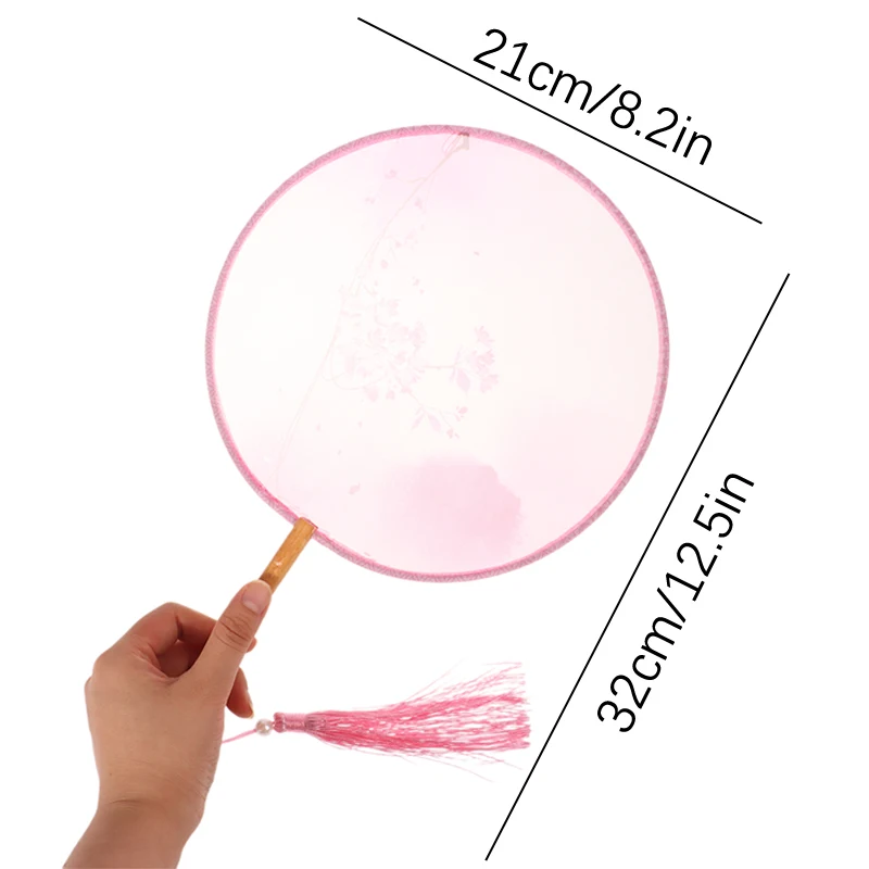 Chinese Round Hand Fan Vintage Printing Silk Fan Ancient Tassel Dance Hand Fan Cheongsam Tang Suit Wedding Party Accessories