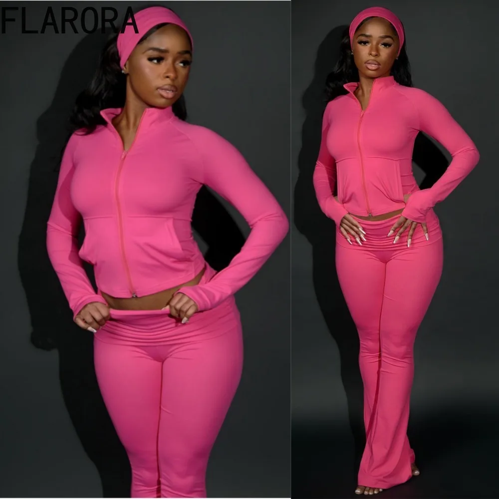 

FLARORA Casual Sporty 3 Pcs Set Woman Lapel Long Sleeve Dew Finger Jacket+Skinny Flare Pant+ Hairband Yoga Fitness Tracksuits