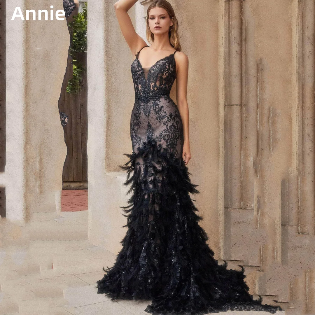 

Annie Lace Embroidery Feathers Wedding Dress Black Luxury Elegant Prom Dresses Spaghetti Strap Mermaid Vestidos De Fiesta