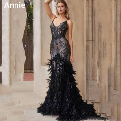 Annie Lace Embroidery Feathers Wedding Dress Black Luxury Elegant Prom Dresses Spaghetti Strap Mermaid Vestidos De Fiesta