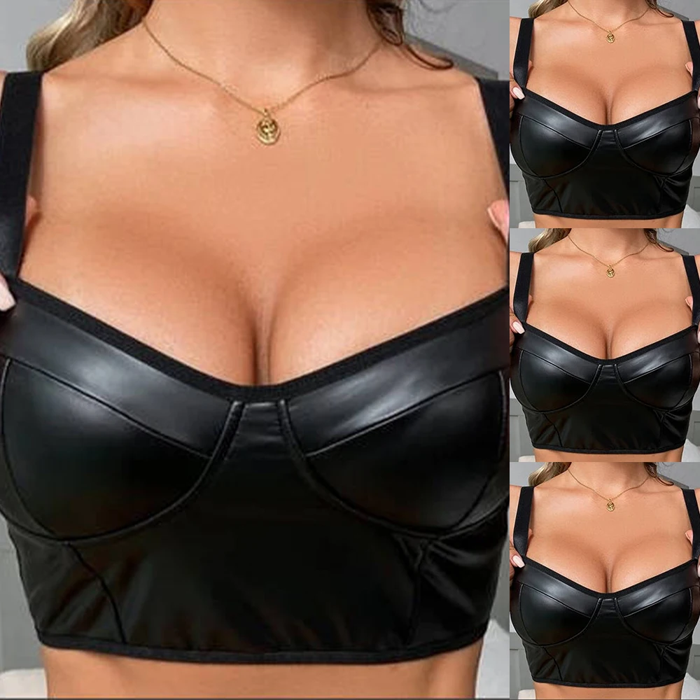 Top Women Sexy Lady Solid Black Wet Look Leather Bra Strap Deep V-neck Clubwear Crop Tops Tees For Woman Female Clothing