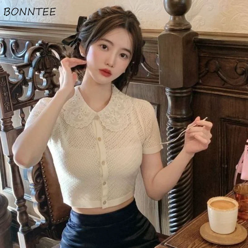 

Рубашка с воротником «Питер Пэн» Женская, однотонная ажурная Милая принцесса, универсальная Повседневная элегантная базовая одежда, Винтажный дизайн, весна