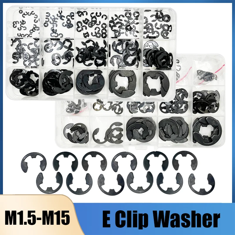 Washer M1.5 to M10 M12 M15 Black Carbon Steel Shaft  External Retaining Ring E Clip Snap Circlip Washer for Shaft Assortment Kit