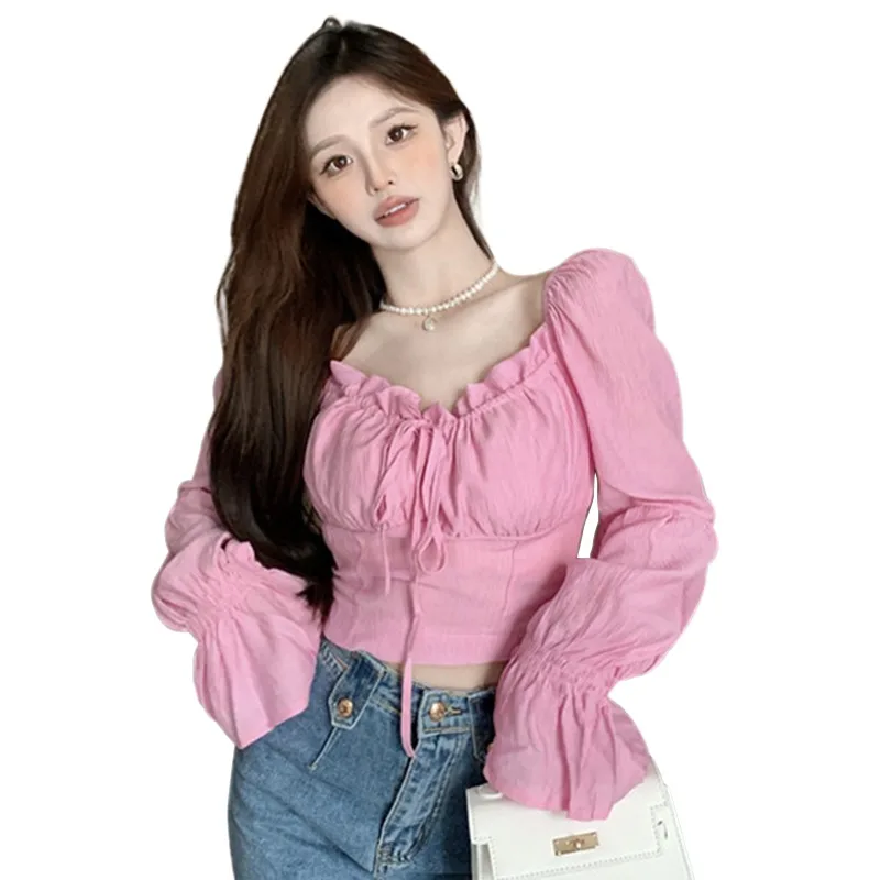 Women\'s Blouse Solid Color Slim Fashion Sexy Expose Navel Spring Autumn Long Sleeve Square Neck Shirts