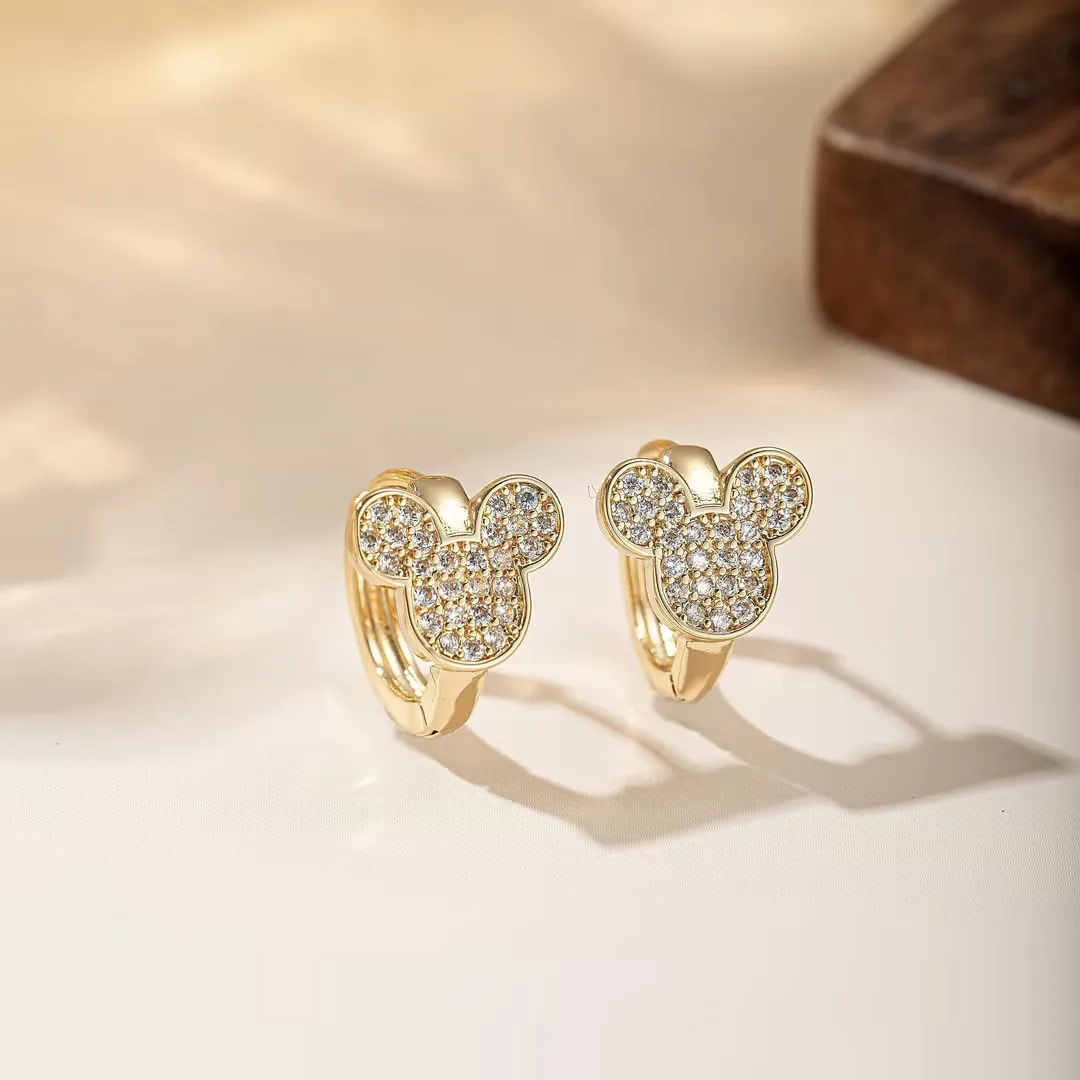 Gold Plated Mickey Mouse Hoop Earrings Paved CZ Cute Cartoon Huggie Earrings for Women Girls Fashion Jewelry Gift
