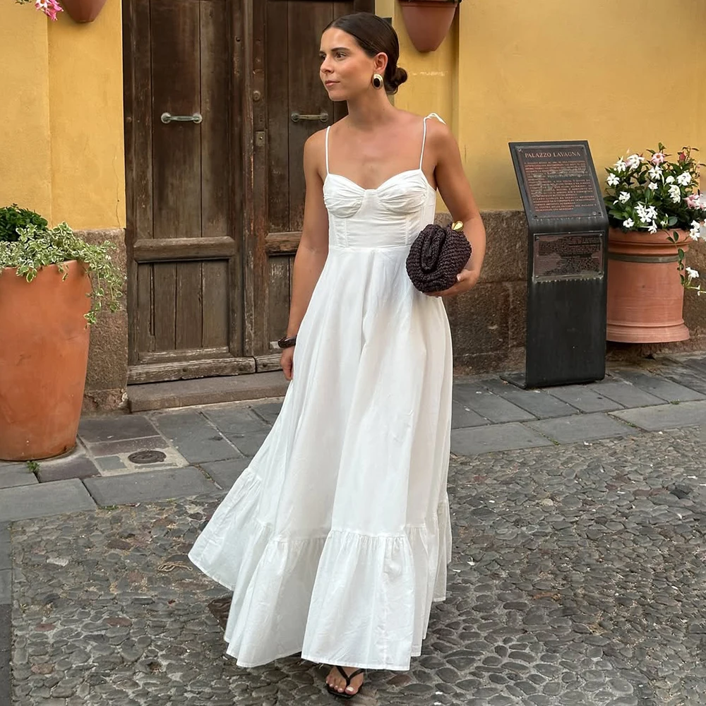 

Talenza Elegant White Long Dress Fashion Sleeveless Casual Spaghetti Strap Dresses Luxury Summer New Party Vacation Women Dress