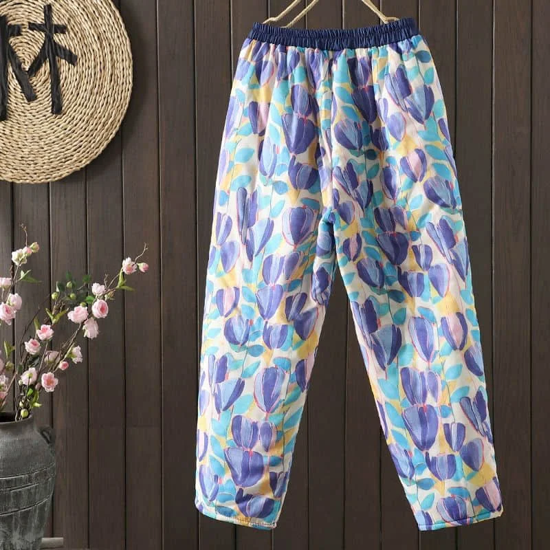 Harem Pants for Women Vintage Trousers Korean Style Flower Design Casual Lightweight Cotton Added Lantern Pants Women Clothing