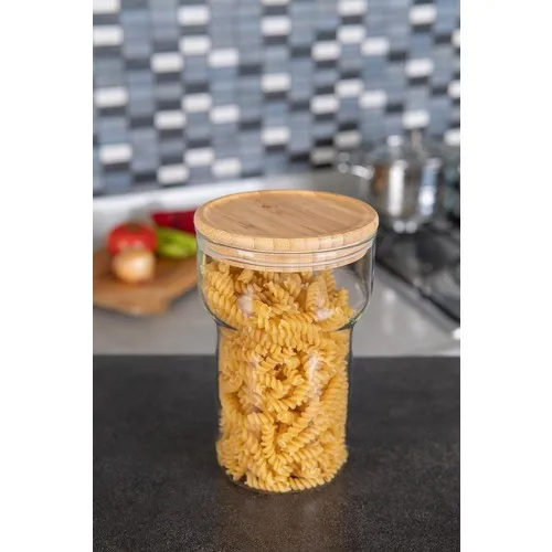 Acar With Bamboo Lid Round Bent Glass Jar 800 ml