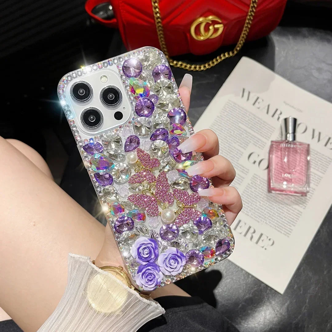 الفاخرة مرصع بالجواهر الماس زهرة الفراشة حجر الراين القضية آيفون هواوي P50 P60 P70 الترا ماتي 50 60 برو الحالات الهاتف