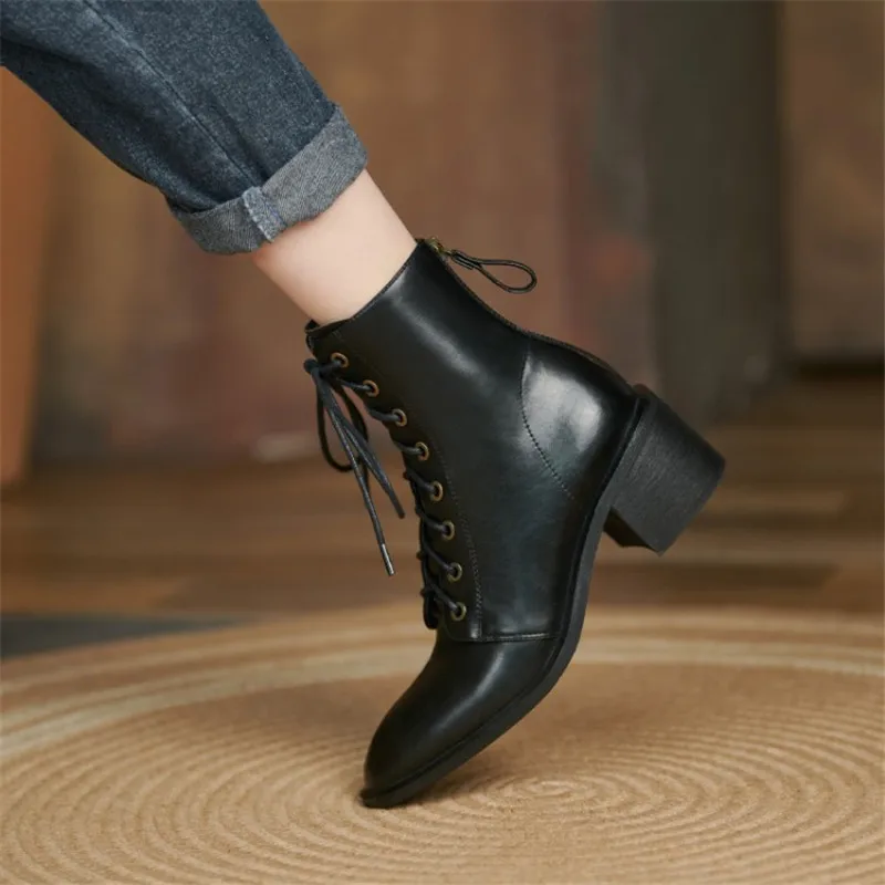 2024 Nowe jesienno-zimowe buty damskie z prawdziwej skóry Square Toe Chunky Heels Boots for Women Short Boots suqare heel ankle boots