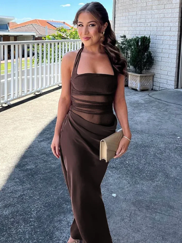 ตาข่ายเย็บปะติดปะต่อเปลือยเซ็กซี่Maxi D Ressสําหรับผู้หญิงชุดแฟชั่นเชือกแขวนคอแขนกุดที่ไม่มีสายหนังB Odyconคลับชุดยาว