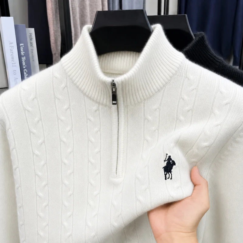 2026 New Autumn Men's Long Sleeve Knitted Sweater, Zipper Collar Jacquard Spurs Embroidery Pullover, High Quality Thin Men's Top