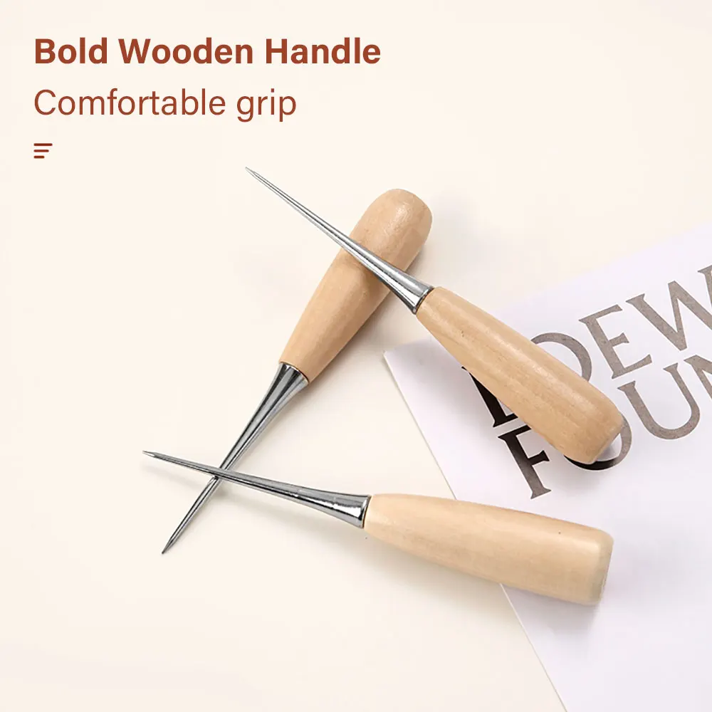 Silicone World 2PCS Wooden Handle Awl DIY Tent Sewing Awl Shoes Repair Tool Hand Stitcher Leather Craft Awl Punch Hole Tools