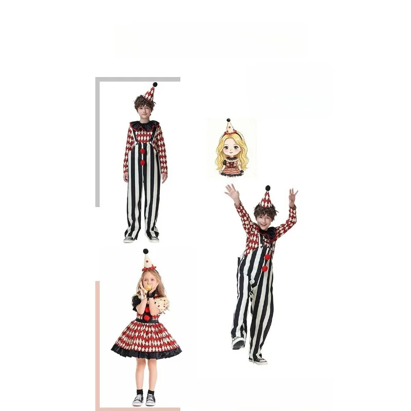 Halloween Cosplay Costume Funny Clown Short Sleeved Plaid Dress Performance Theme Party Role Playing Outfits for Unisex