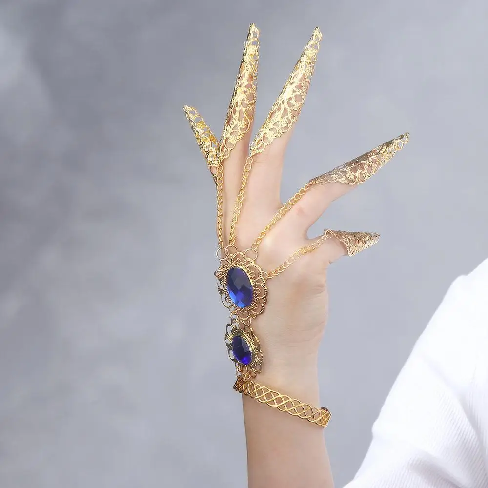Style Fashion Blue Gem Jewelry Gift Indian Thai Hollow Nail Rings Knuckle Rings Belly Dance Bracelet Golden Finger Bracelet