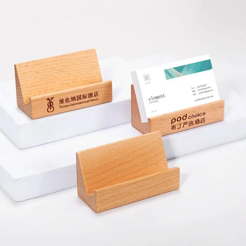 1pcs Solid Wood Desktop Business Card Display Stand Memo Holder Storage Box Beech Wood Card Organizer For Office