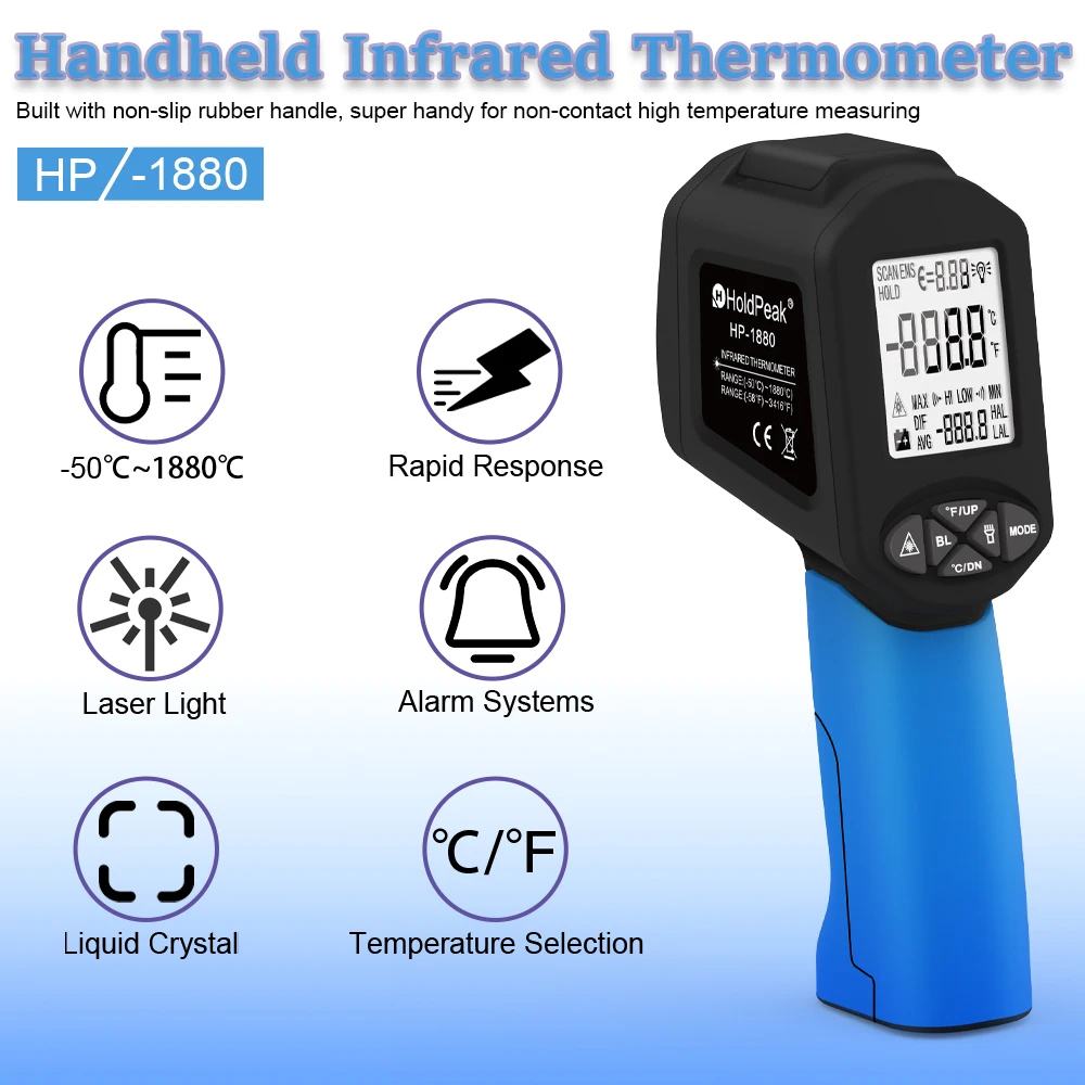 

HP-1880 Infrared Thermometer - Non-Contact Hand Hold Digital Temperature Gun With Adjustable Emissivity And Dual Laser Targeting