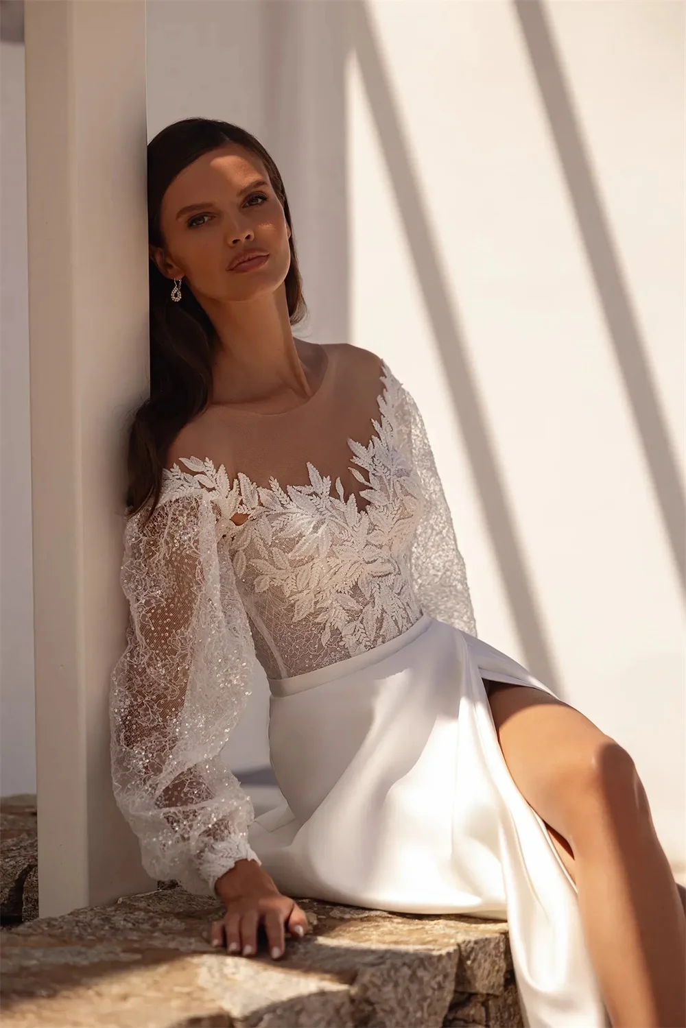 Tokyo Customized White Off the Shoulder Wedding Dresses Long Sleeve Back Zip A-Line Bridal Gown Side High Split Wedding Gown