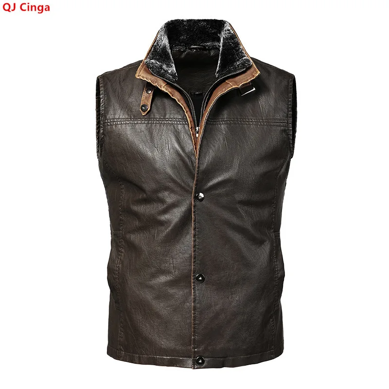 Men's Brown Sleeveless PU Jacket for Spring and Fall—a Stylish and Casual Vest Coat. (European Sizes)