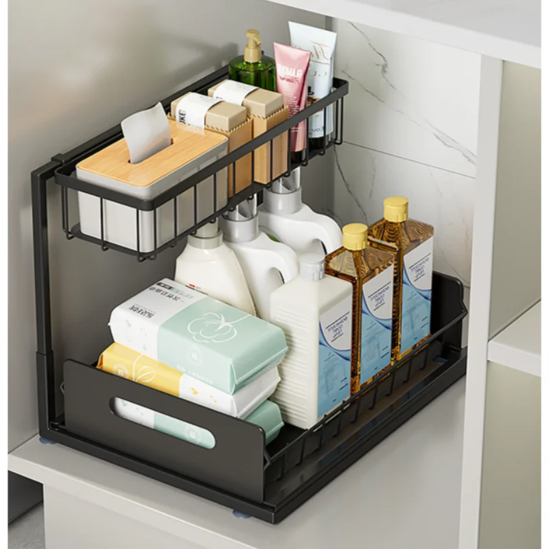 Double Layer Pull Out Sink Organizer, Punch-free Under Sink Storage Basket, Kitchen Pull-out Rack