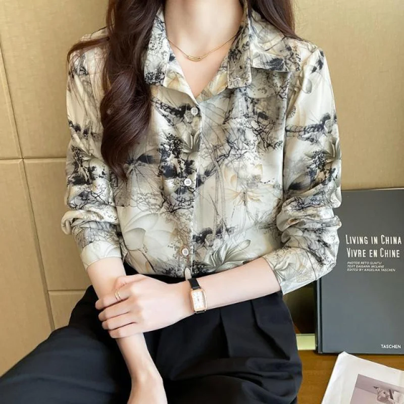 2025 Spring Elegant Chic Woman Shirts Lapel Print Blouse Femme Long Sleeve Shirt Women Blouses Korean Style Ladies Tops