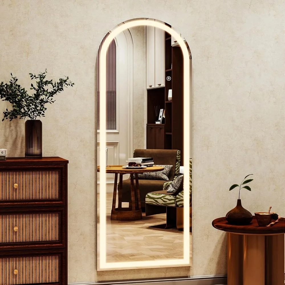 LED Adjustable Brightness White Arched Full Length Mirror, Touch Screen Controls, 21 x 64, Wall or Freestanding, Ideal for Bedro