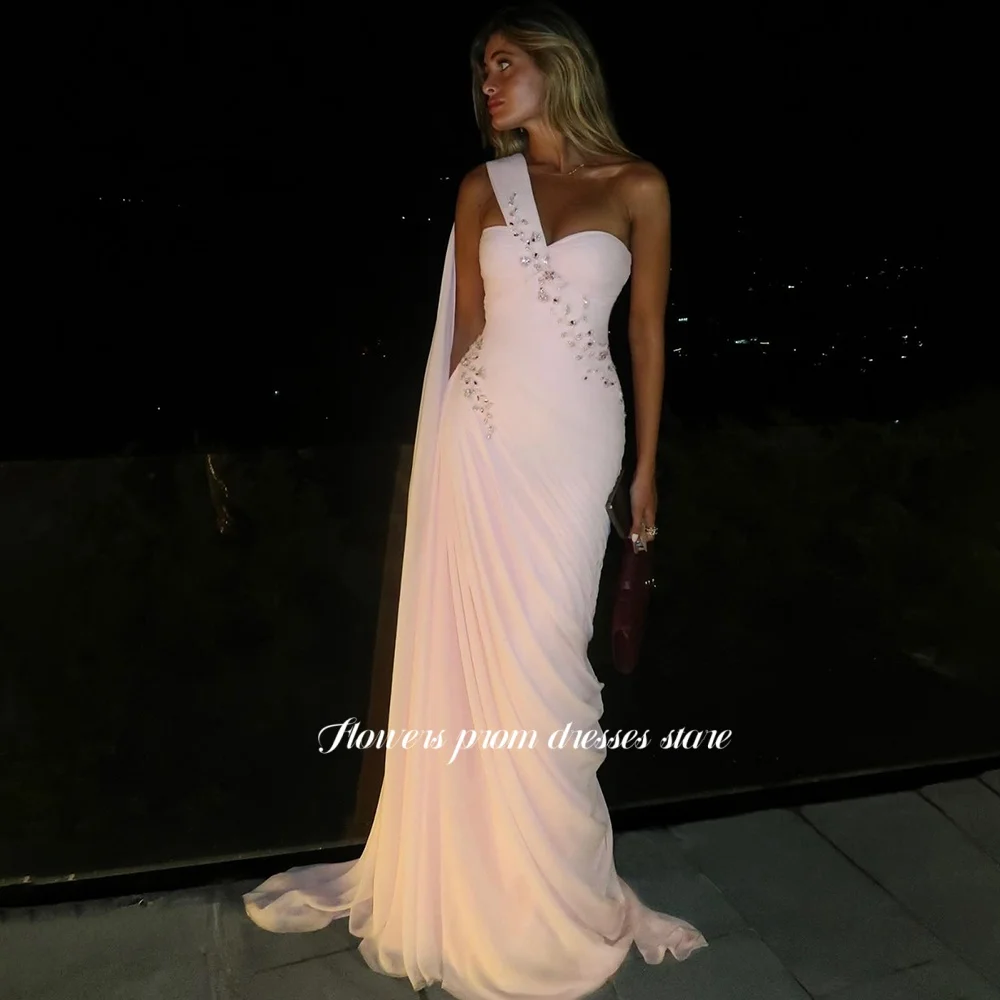 

Flowers One Shoulder Evening Dress Beading Crystal Stones Prom Dresses with Pleats Chiffon Party Dresses Customized