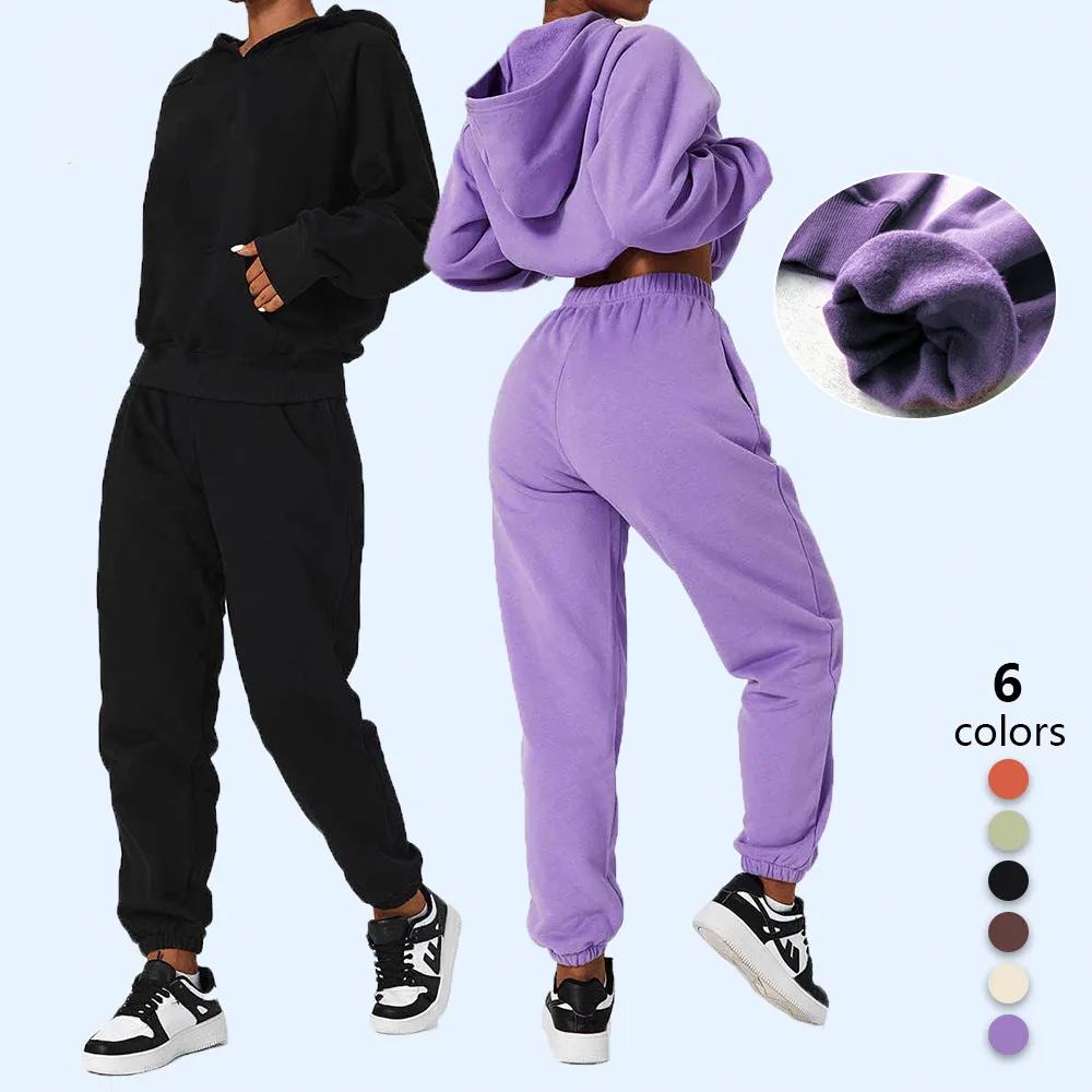 

Fall Winter Women Sportswear Hip Hop With Fleece Front Pocket Loose Hoodies And Jogger Suits Training Wear Set