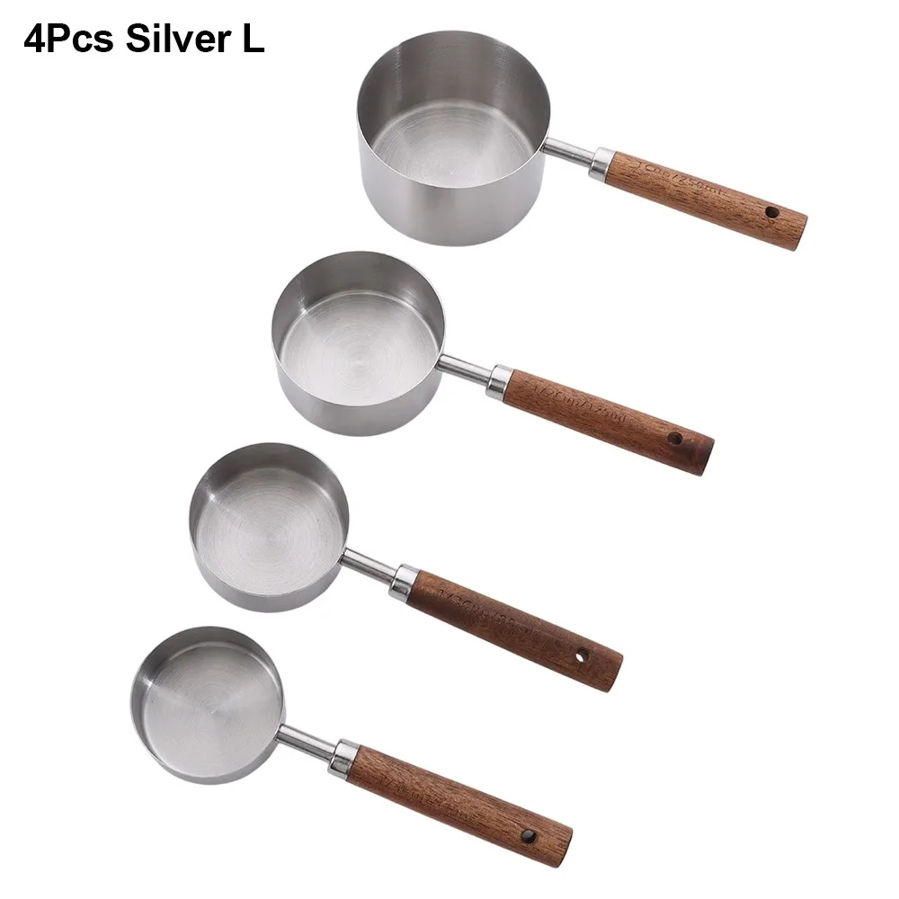 4Pcs Stainless Steel Measuring Cup Spoon Wooden Handle Black Coffee Measuring Spoon Gold Silver 1.25-250ml Baking Tool