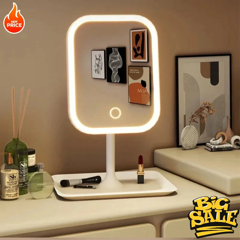 New  LED Modern Desktop Vanity Mirror, Portable 3 Color Light LED Makeup Mirror Touching Mirror Women Bedroom Dressing Mirror