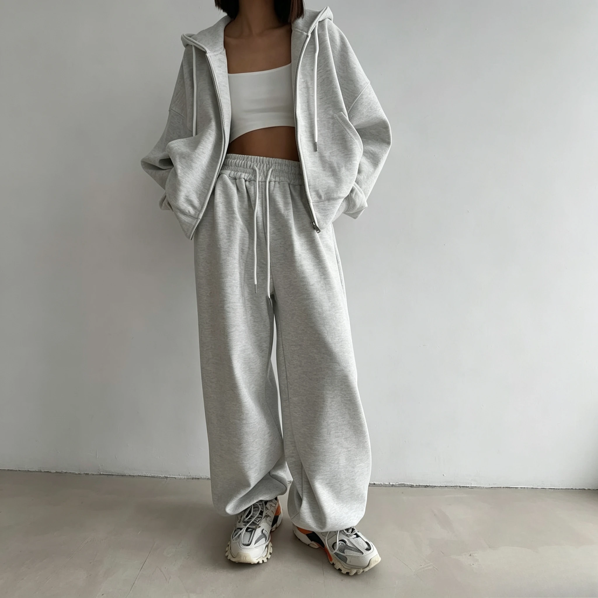 Pant Set Women Two Piece Sets Jogger Tracksuit Hooded Zipper Coats Wide Leg Long Pants Lace Up Elastic Waist Y2k Streetwear
