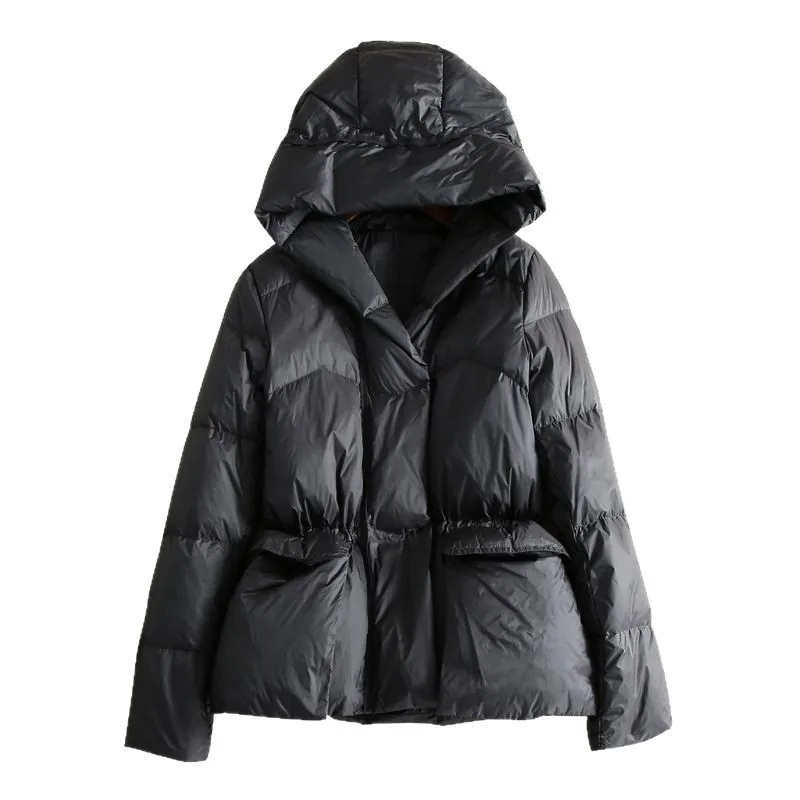 2025 Autumn/winter European Women's Down Jacket Windproof Hooded Lace Up Retro White Duck Down Jacket