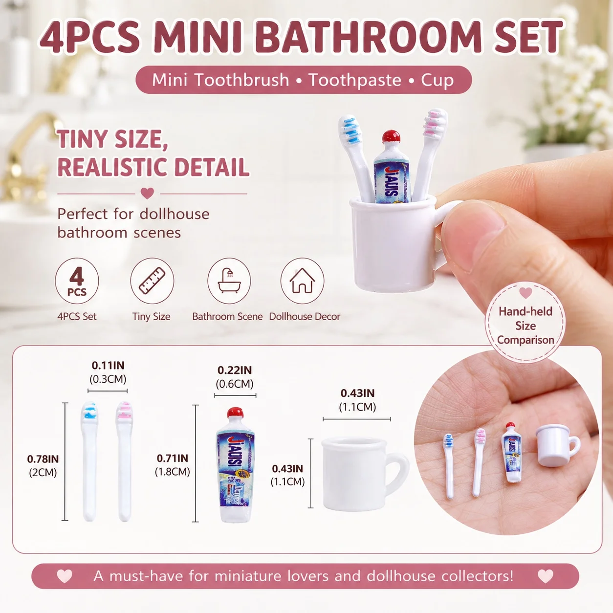 4PCS Dollhouse Miniature Toothbrush Toothpaste Cup Set Mini Bathroom Wash Accessories