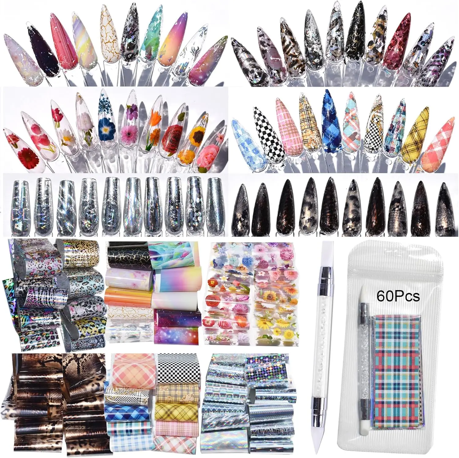 

60pcs Nail Art Transfer Foils Mixed Designs + Silicone Pen, 20x4cm