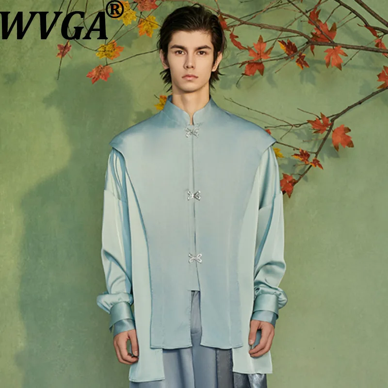 

WVGA Spring Autumn New Man Chinese Style High-End Casual Loose Satin Patchwork Long Sleeve Shirts Daily Fashion Chic Tops W10963