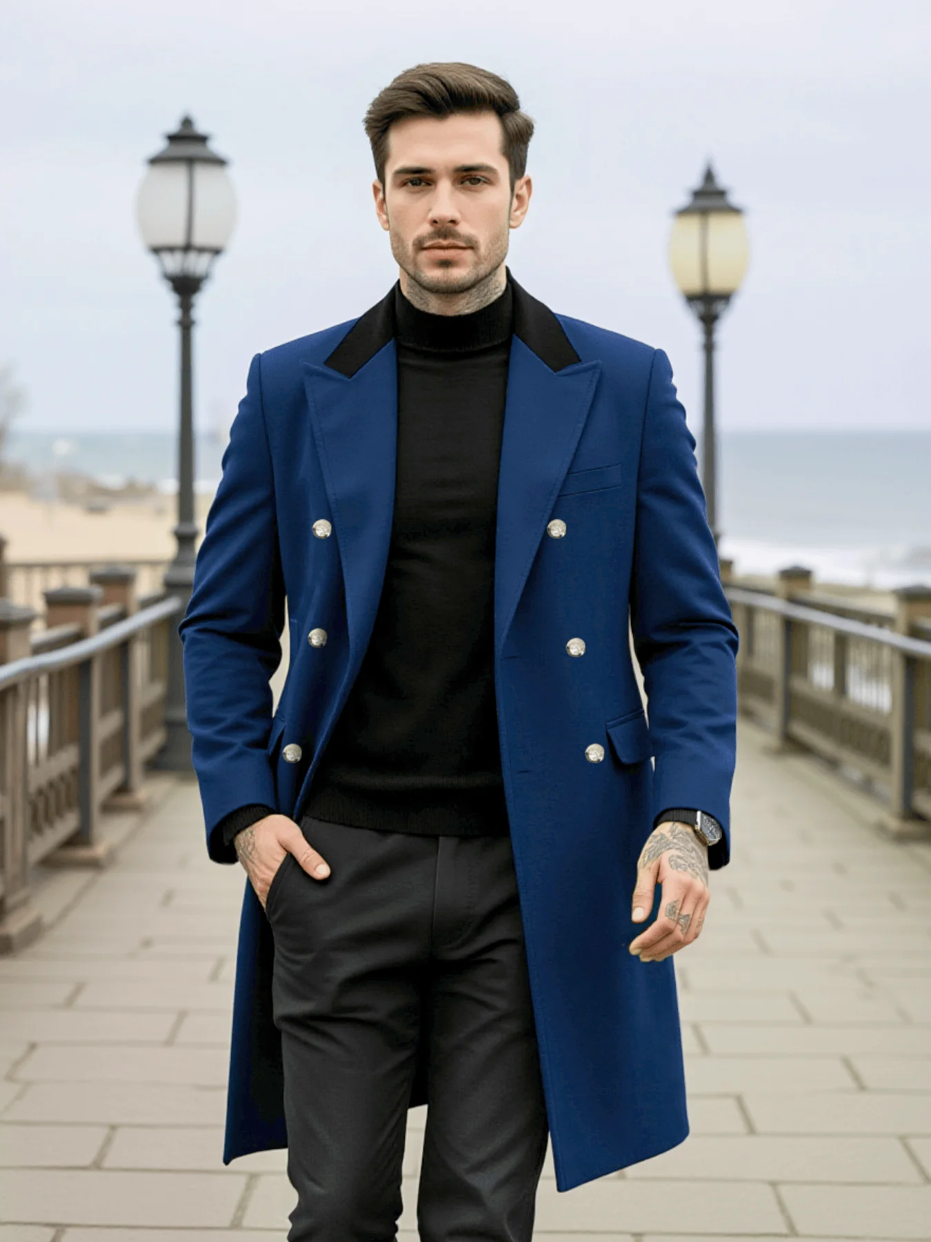 

Men's Double-Breasted Woolen Overcoat Thickened For Extreme Cold Patchwork Windbreaker Coat Windproof Street Style Tailoring