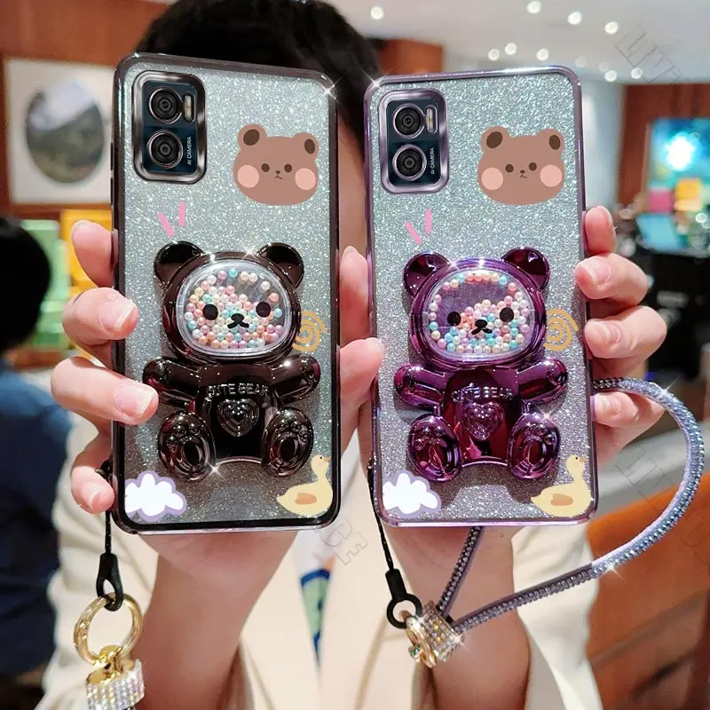 E 7 Diamond Strap Bear Patten Phone Holder Case On For Motorola Moto E7 Plus Power E13 E20 E22 E22i E32 EDGE 20 30 Stand Cover