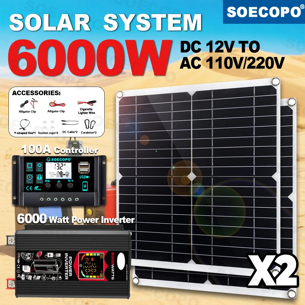 

SOECOPO 6000W Solar Power System Kit with 2 X 300W Solar Panels 5V/1.5A USB Charging 12V DC to 110V/220V AC Inverter for Camping