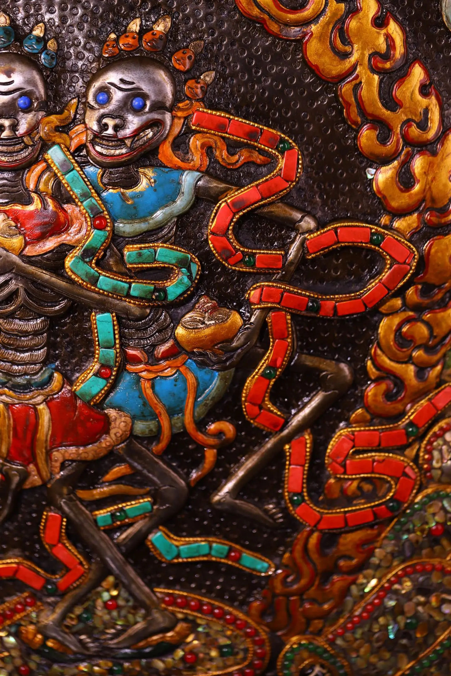 Old Tiantie Painted Mosaic Gem gZi Beads Turquoise Corpse Forest Patriarch Dakini Dharma protector Skull Tangka hanging panel