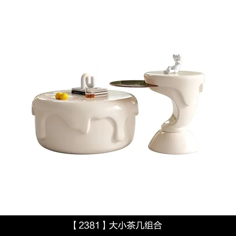 CJ-12 Round Ice Cream Coffee Table Small Apartment Living Room Cream Wind Tea Table Retractable