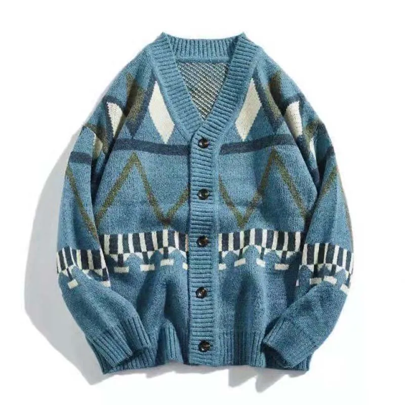 Autumn Winter V-neck Needle Sweater Rhombus Collaborator Line Casual Jacket Loose Sweater Men's Tide