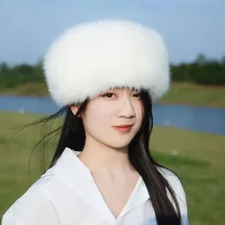 2024 nuove donne di modo di inverno cappello a secchiello superiore piatto pelliccia sintetica peluche ecologico pelliccia sintetica pelliccia di volpe cappello russo caldo Skullies berretti