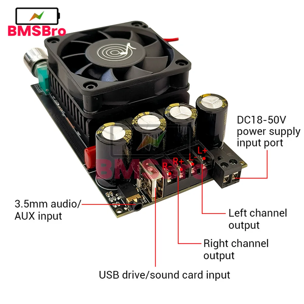 App Control 300W+300W TPA3255 Bluetooth 5.3 Audio Power Amplifier Board with Preamp 3.5mm AUX U Disk Sound Card Input DC 18-50V