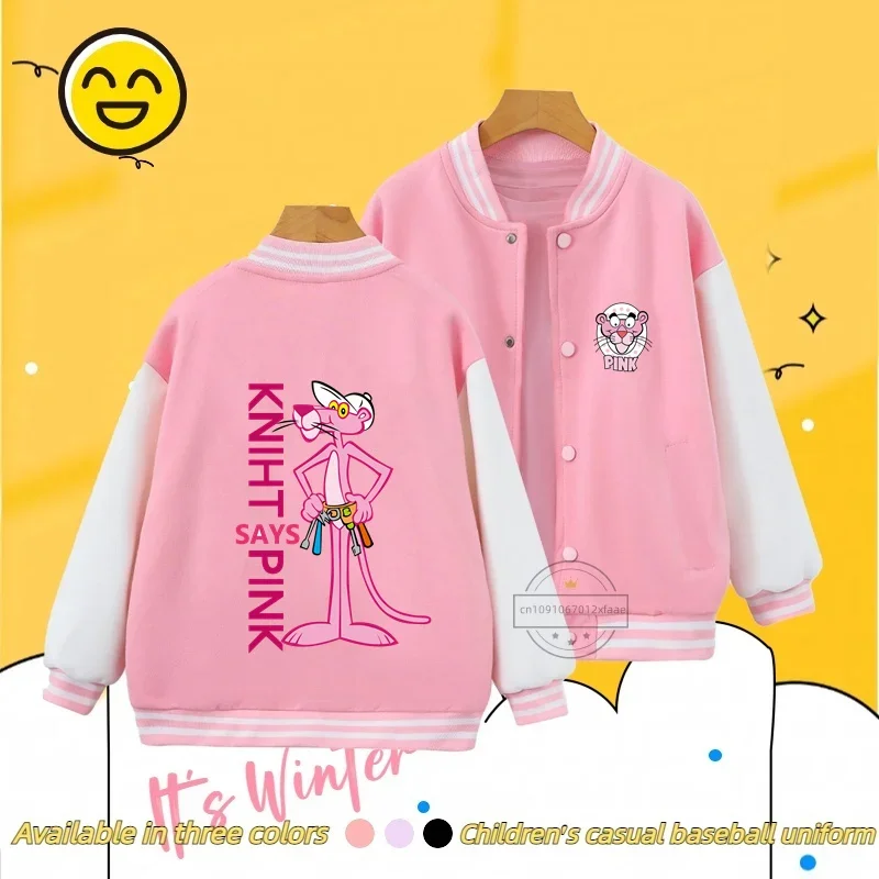 Pink Panther Anime Boys' and Girls' Baseball Jackets, Casual Fashion Sports Cardigan Sweatshirt, 3-14 Years Old, Autumn